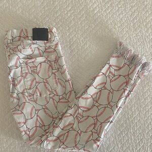 L&B Red and White Baseball Patterned Cropped Jeans
